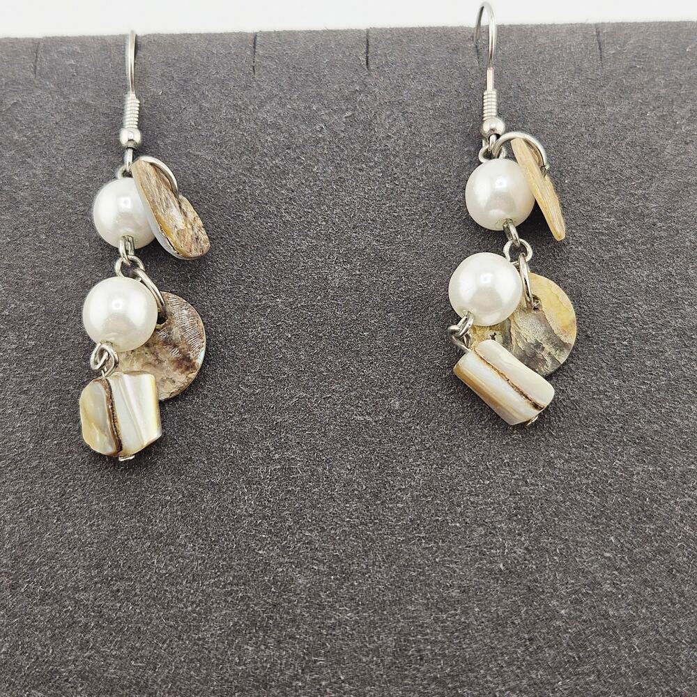 Faux pearl Dangle Drop Shell Bead Earrings Neutral Coastal Beachy Hippie Boho